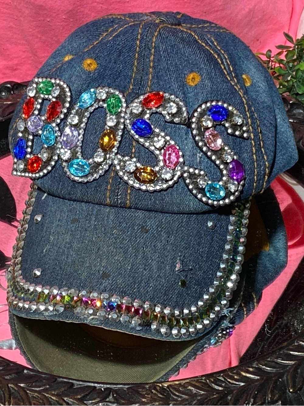 Denim Baseball Cap with Multicolor Crystal 'BOSS' Accent